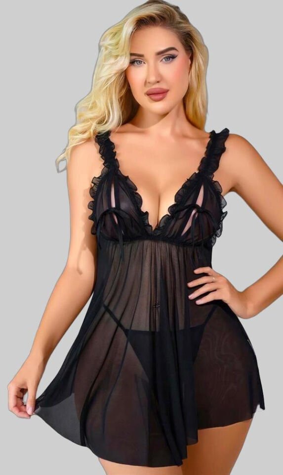 Sİyah Fırfırlı Göğüs Dekolteli Transparan Fantezi Tül Gecelik