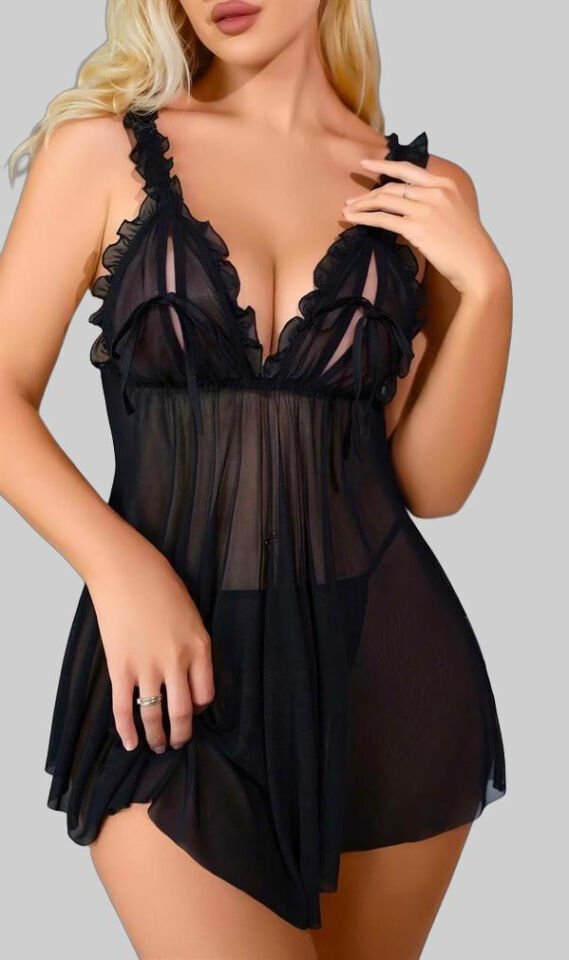Sİyah Fırfırlı Göğüs Dekolteli Transparan Fantezi Tül Gecelik