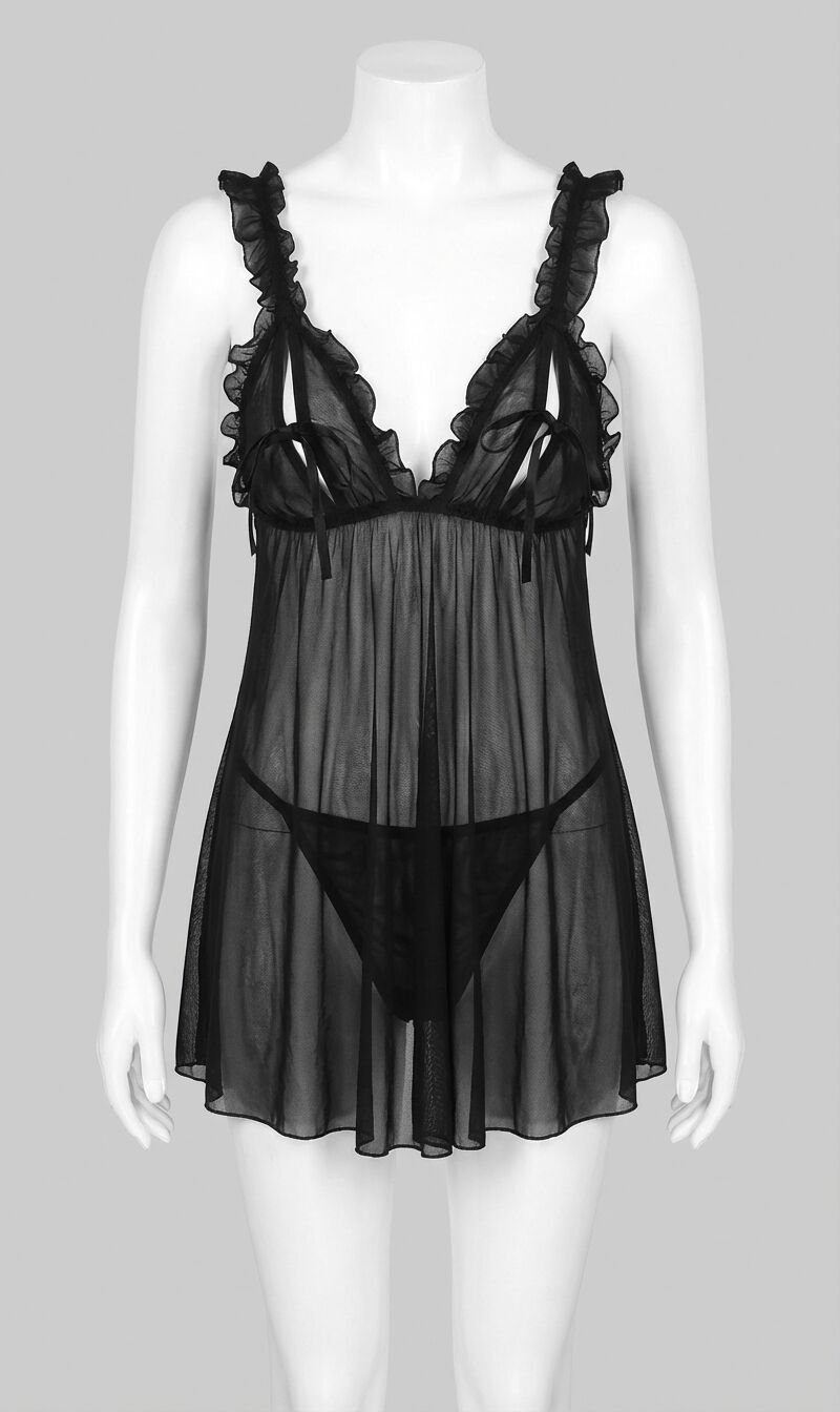 Sİyah Fırfırlı Göğüs Dekolteli Transparan Fantezi Tül Gecelik