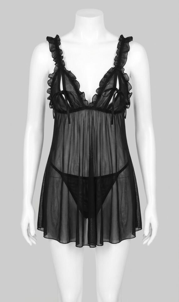 Sİyah Fırfırlı Göğüs Dekolteli Transparan Fantezi Tül Gecelik