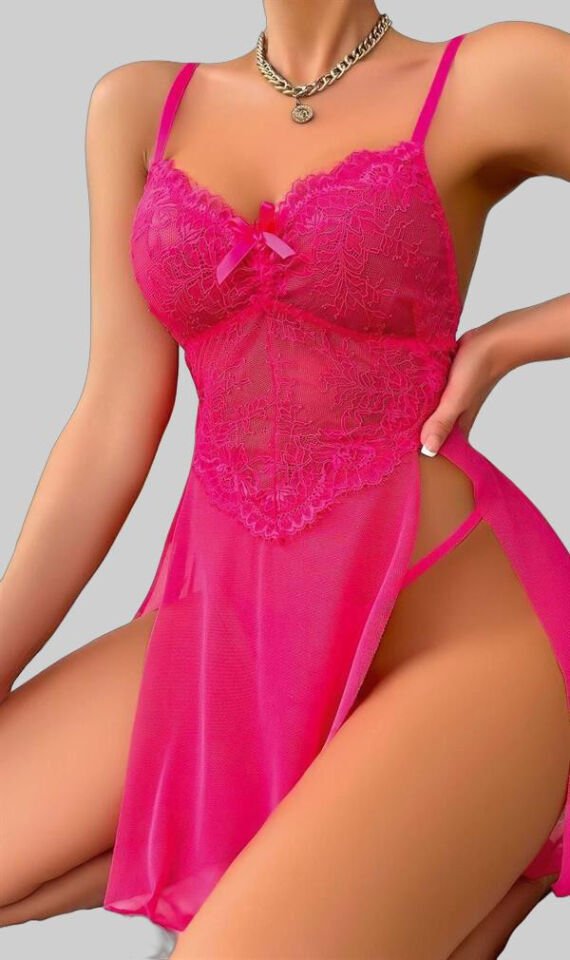 Fuşya Dantel İşlemeli Transparan Fantezi Tül Gecelik