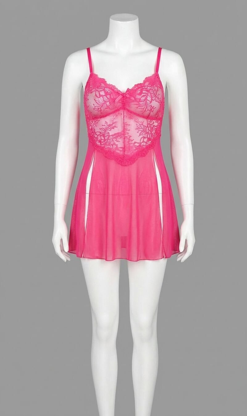 Fuşya Dantel İşlemeli Transparan Fantezi Tül Gecelik