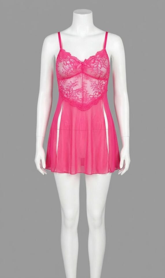 Fuşya Dantel İşlemeli Transparan Fantezi Tül Gecelik