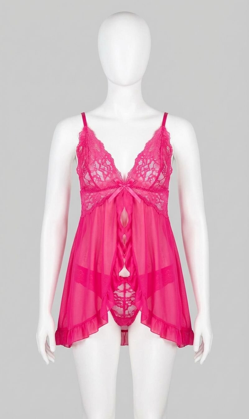 Fuşya Dantel İşlemeli Yırtmaçlı Transparan Fantezi Tül Gecelik