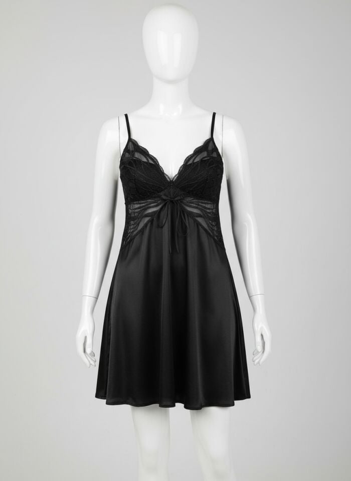 Arias Closet Büyük Beden Siyah Kelebek Desenli İnce Askılı Saten Gecelik