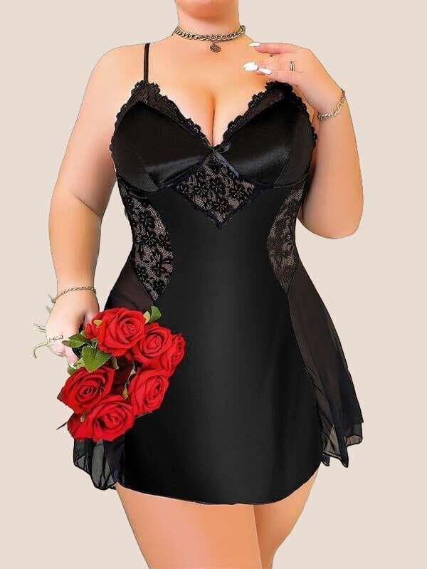 Arias Closet Büyük Beden Siyah Dantel İşlemeli İnce Askılı Saten Gecelik