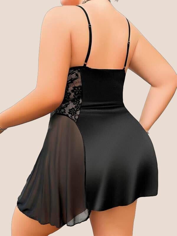 Arias Closet Büyük Beden Siyah Dantel İşlemeli İnce Askılı Saten Gecelik