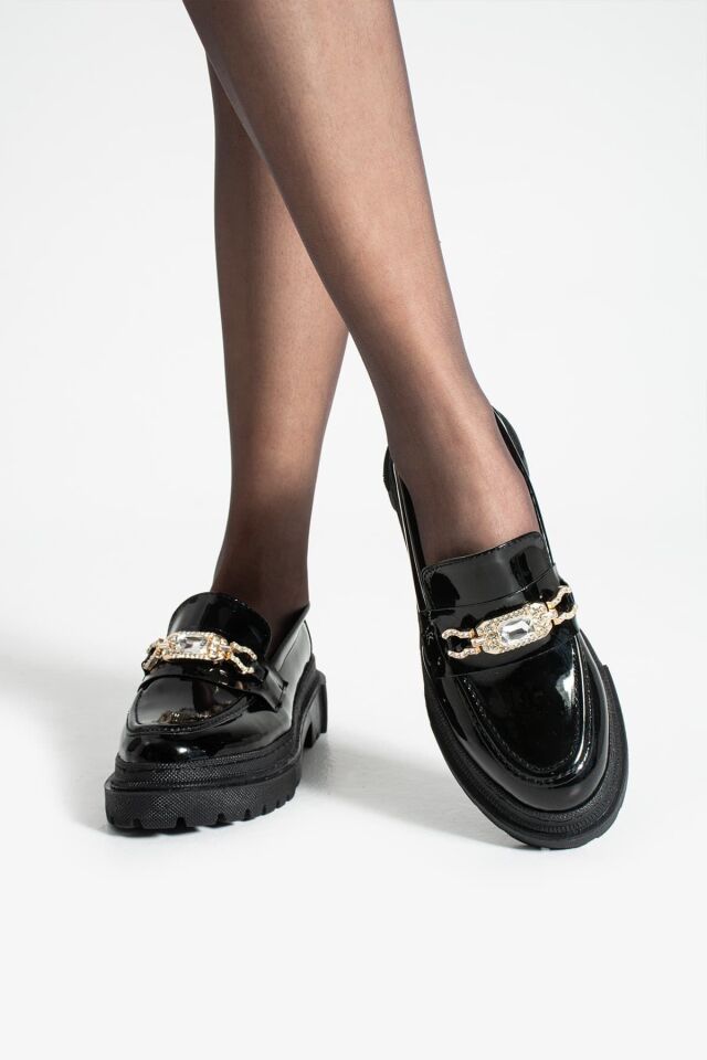 Loafer Günlük Kadın Parlak Siyah Taş Detaylı Rahat Ayakkabı