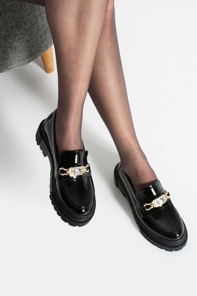 Loafer Günlük Kadın Parlak Siyah Taş Detaylı Rahat Ayakkabı