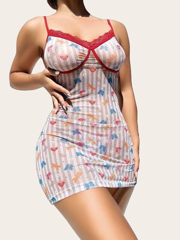 Arias Closet Şirin Kelebek Desenli Göğüs Kısmı Dantel Fantezi Gecelik