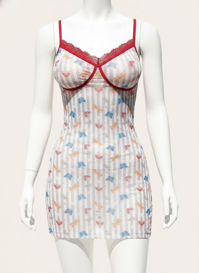 Arias Closet Şirin Kelebek Desenli Göğüs Kısmı Dantel Fantezi Gecelik