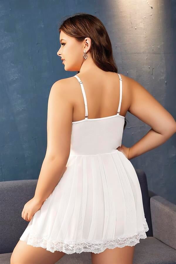 Arias Closet Büyük Beden Beyaz Dantel İşlemeli İnce Askılı Gecelik
