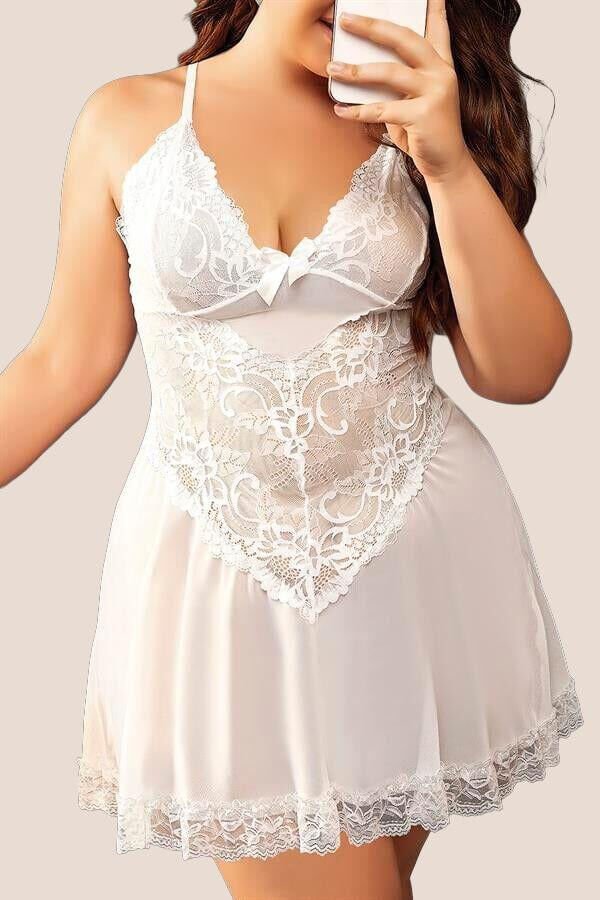 Arias Closet Büyük Beden Beyaz Dantel İşlemeli İnce Askılı Gecelik