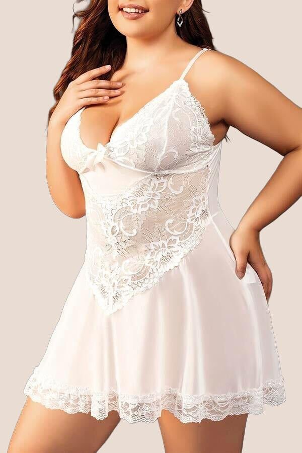 Arias Closet Büyük Beden Beyaz Dantel İşlemeli İnce Askılı Gecelik