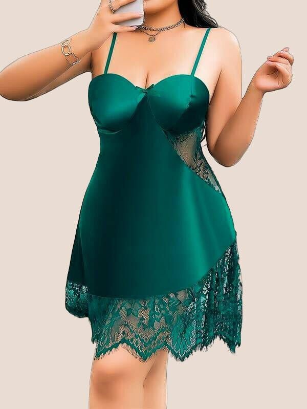 Arias Closet Büyük Beden Yeşil Dantel İşlemeli İnce Askılı Fantezi Gecelik