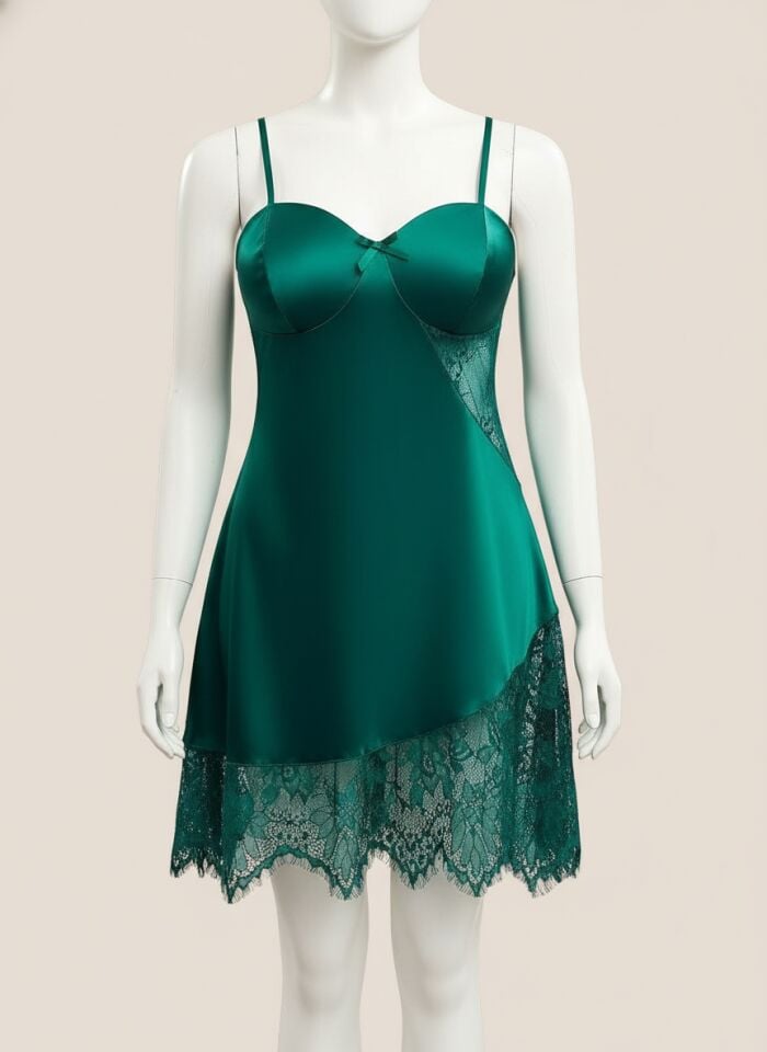 Arias Closet Büyük Beden Yeşil Dantel İşlemeli İnce Askılı Fantezi Gecelik