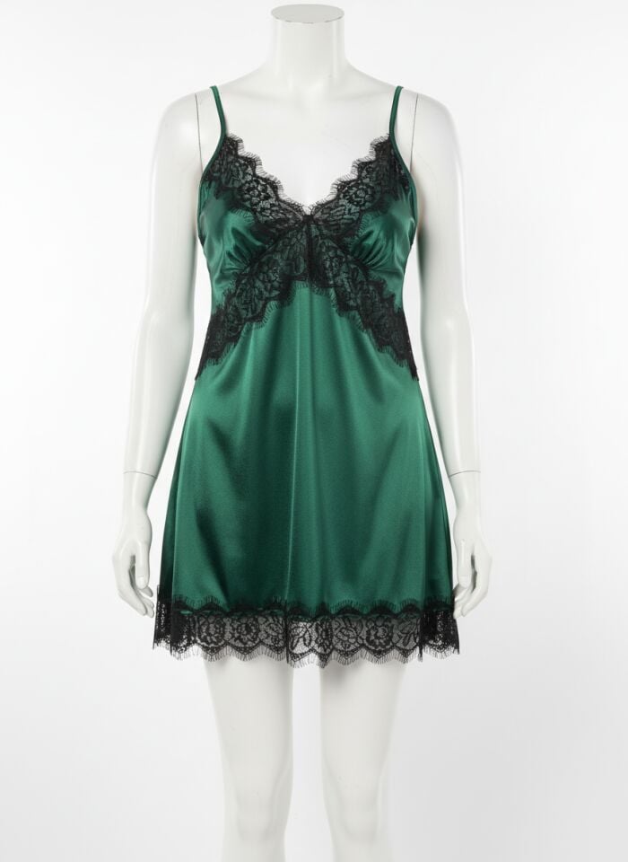 Arias Closet Büyük Beden Yeşil Dantel İşlemeli İnce Askılı Saten Fantezi Gecelik