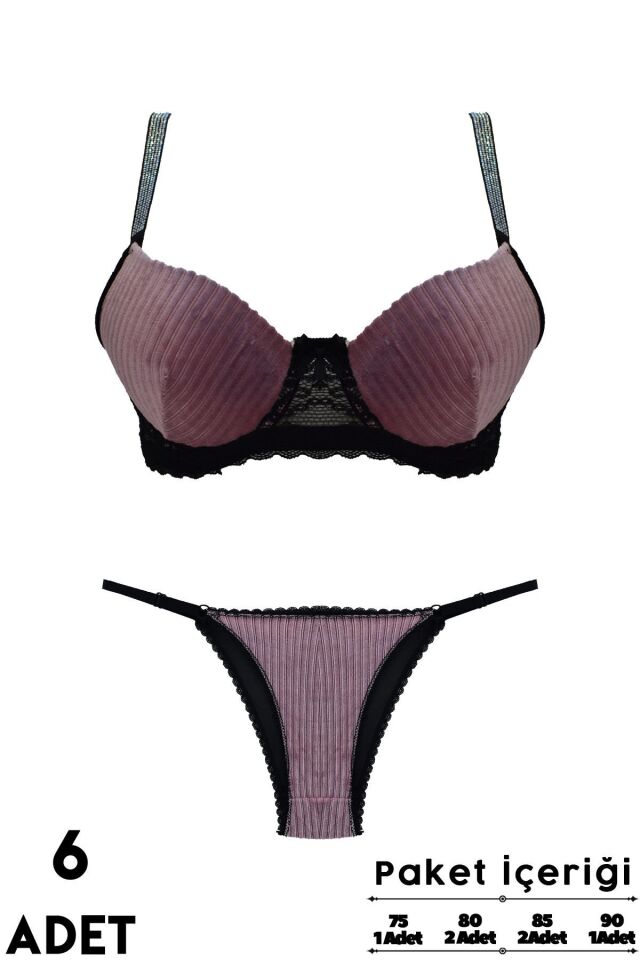 Love Secret Kadife Taşlı 1445 B Cup Balenli Desteksiz Bayan Sütyen Takım 6'lı