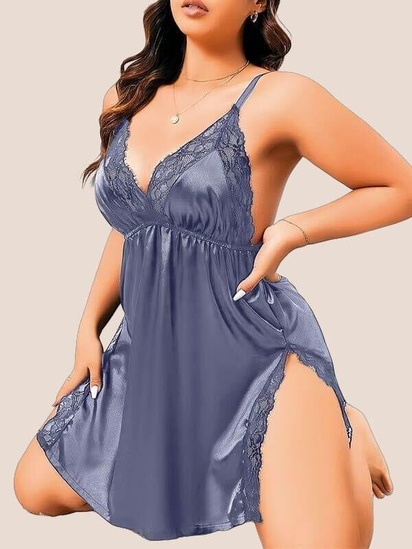Arias Closet Büyük Beden Lacivert Dantel İşlemeli İnce Askılı Saten Fantezi Gecelik