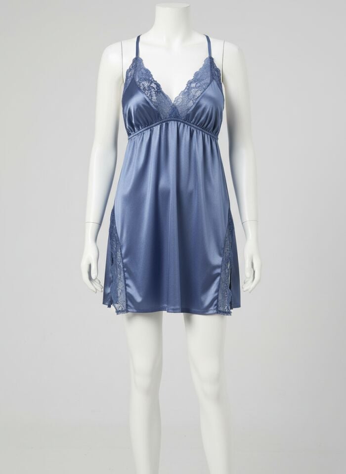 Arias Closet Büyük Beden Lacivert Dantel İşlemeli İnce Askılı Saten Fantezi Gecelik