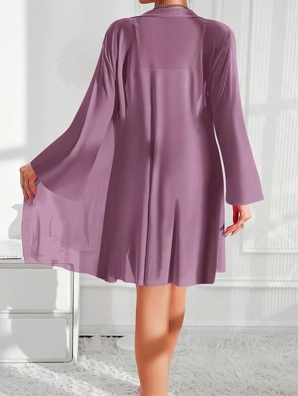 Arias Closet Özel Tasarım Dantel İşlemeli Fırfırlı Sabahlıklı 2'li Mor Gecelik Takımı