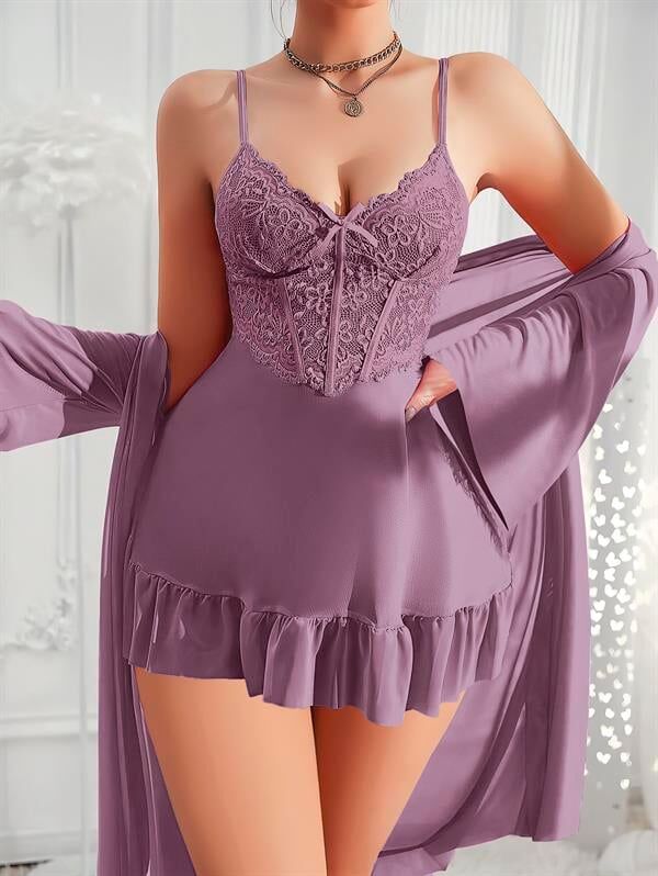 Arias Closet Özel Tasarım Dantel İşlemeli Fırfırlı Sabahlıklı 2'li Mor Gecelik Takımı