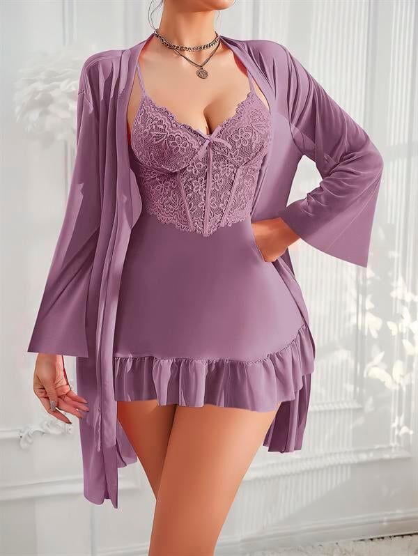 Arias Closet Özel Tasarım Dantel İşlemeli Fırfırlı Sabahlıklı 2'li Mor Gecelik Takımı