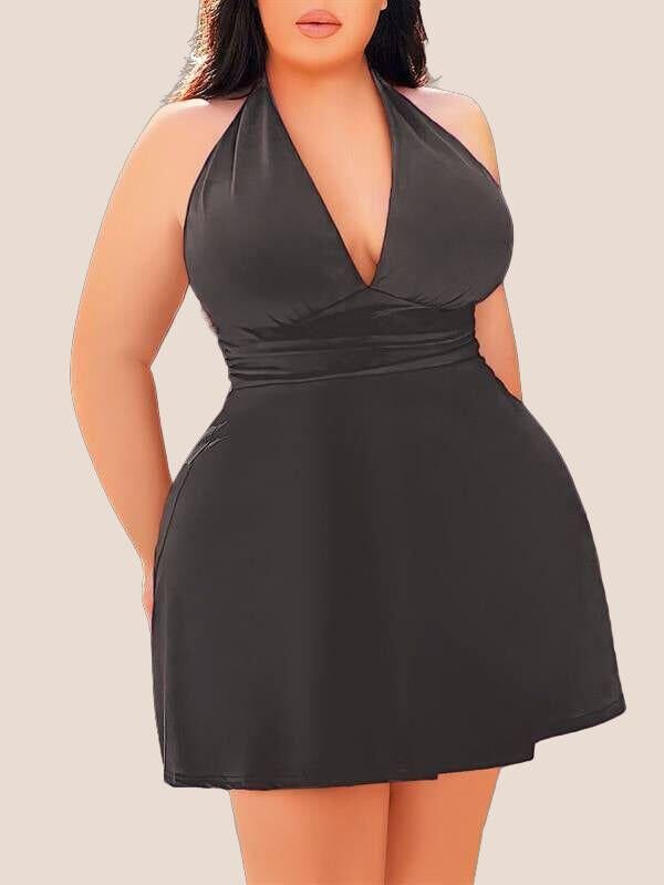 Büyük Beden Antrasit Boyundan Bağlamalı Mini Gecelik