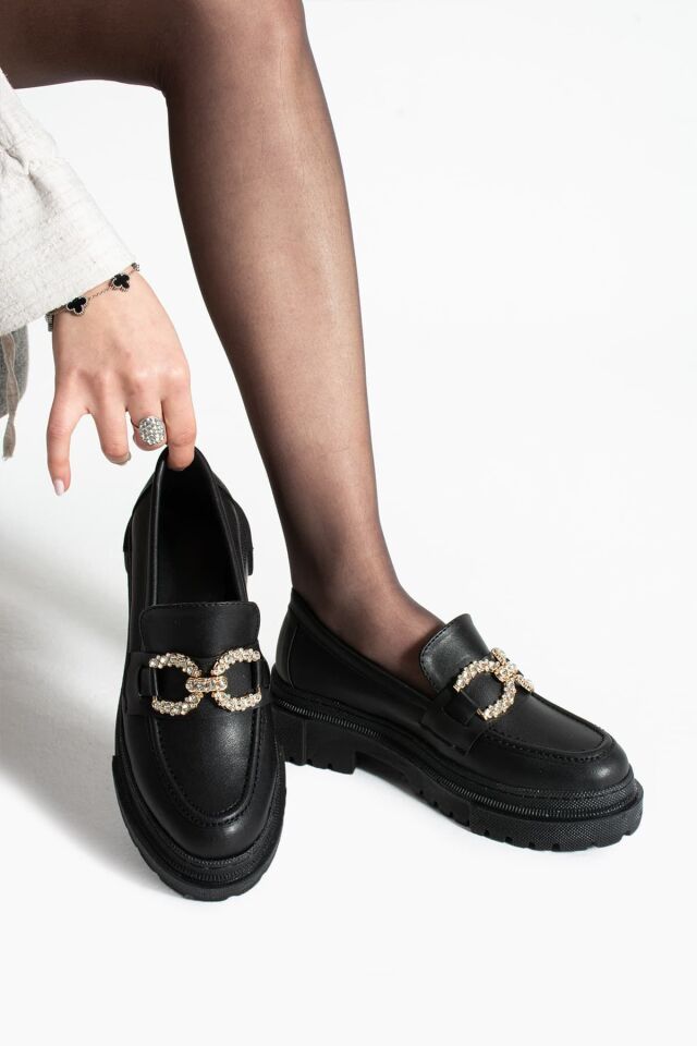 Loafer Günlük Kadın Siyah Taş Detaylı Rahat Ayakkabı