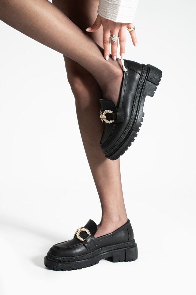 Loafer Günlük Kadın Siyah Taş Detaylı Rahat Ayakkabı