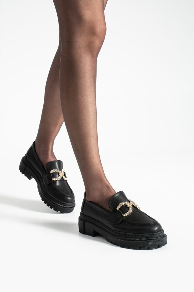 Loafer Günlük Kadın Siyah Taş Detaylı Rahat Ayakkabı