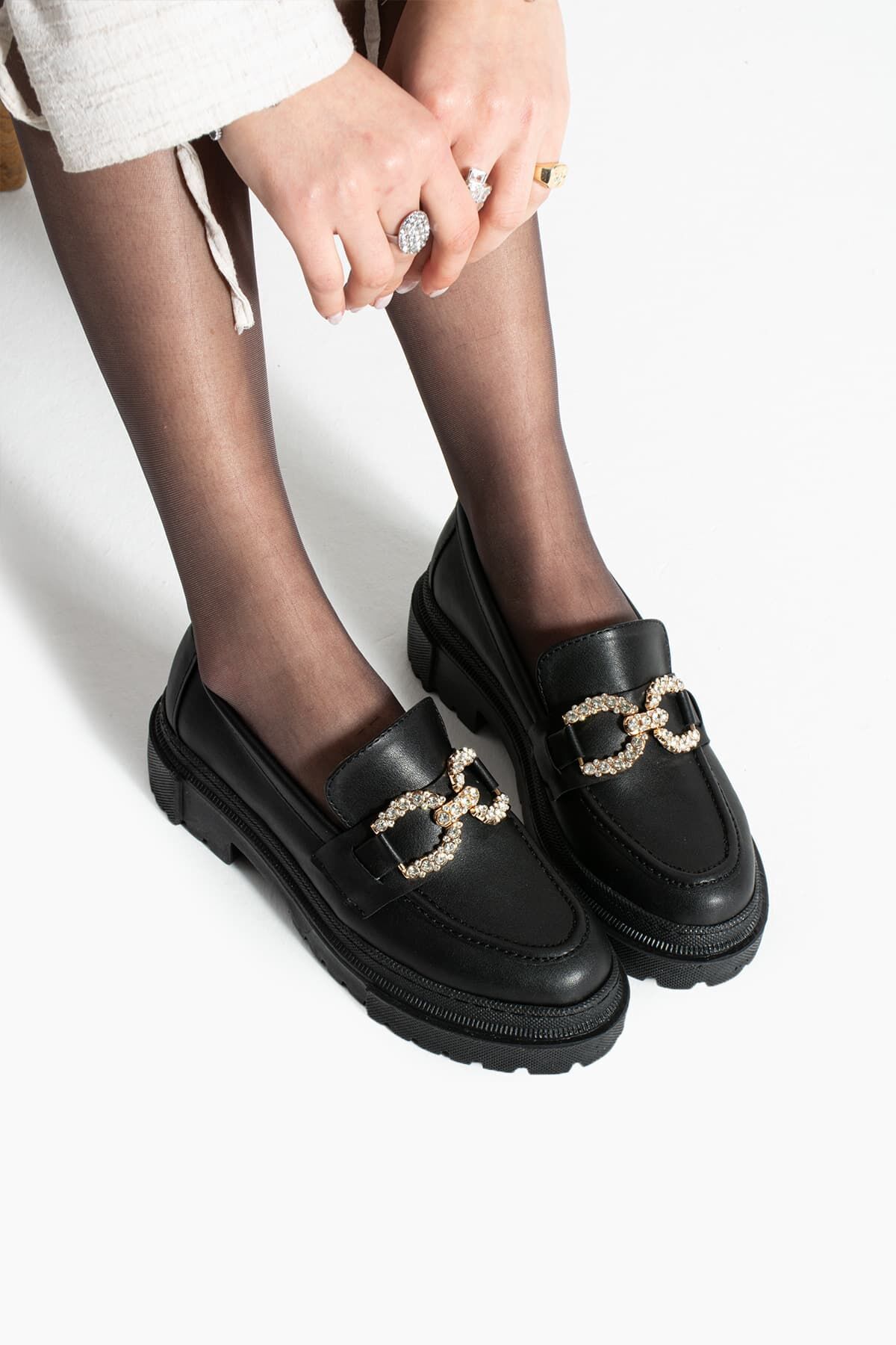 Loafer Günlük Kadın Siyah Taş Detaylı Rahat Ayakkabı