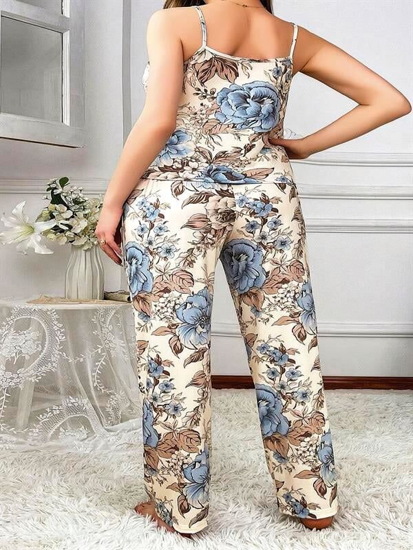 Arias Closet Büyük Beden Mavi Çiçek Desenli İnce Askılı 2'li Saten Pijama