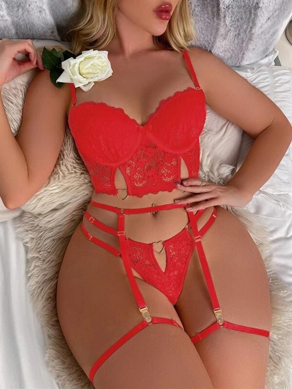 Arias Closet Kırmızı Dantelli Jartiyer Fantezi Seksi Büstiyer Takımı