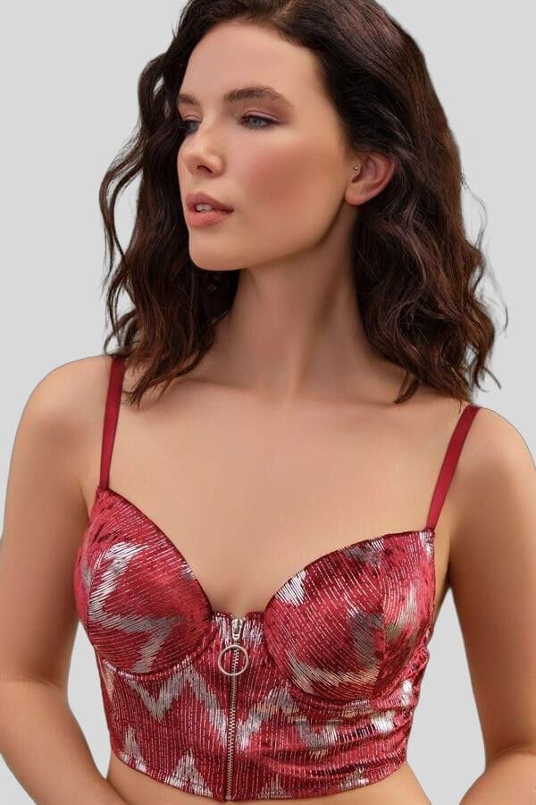 Arias Closet Kadife Balenli Destekli Dolgulu Parlak Baskılı Fermuar Detaylı Büstiyer ve Pantolon Pijama Takım