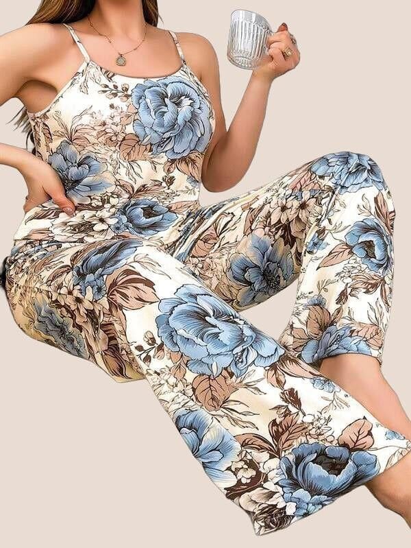 Arias Closet Büyük Beden Mavi Çiçek Desenli İnce Askılı 2'li Saten Pijama