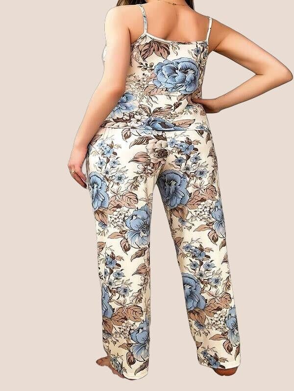 Büyük Beden Mavi Çiçek Desenli İnce Askılı 2'li Saten Pijama