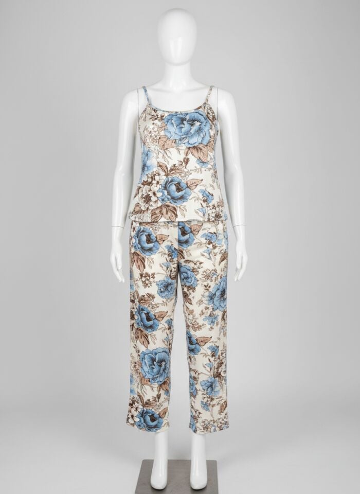 Arias Closet Büyük Beden Mavi Çiçek Desenli İnce Askılı 2'li Saten Pijama