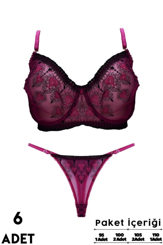 Love Secret Brodeli 5008 C Cup Balenli Desteksiz Bayan Sütyen Takım 6'lı