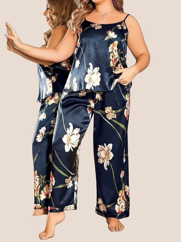 Arias Closet Büyük Beden Mavi Üstüne Çiçek Desenli İnce Askılı 2'li Saten Pijama Takımı