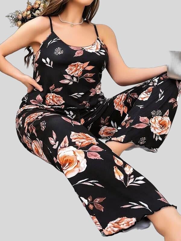 Arias Closet Büyük Beden Siyah Üstüne Çiçek Desenli İnce Askılı 2'li Pijama Takımı