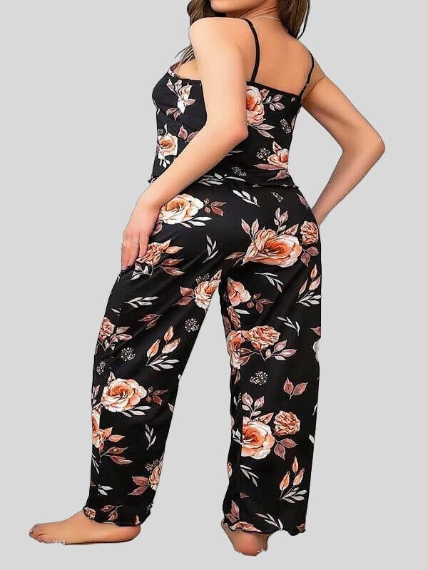 Arias Closet Büyük Beden Siyah Üstüne Çiçek Desenli İnce Askılı 2'li Pijama Takımı