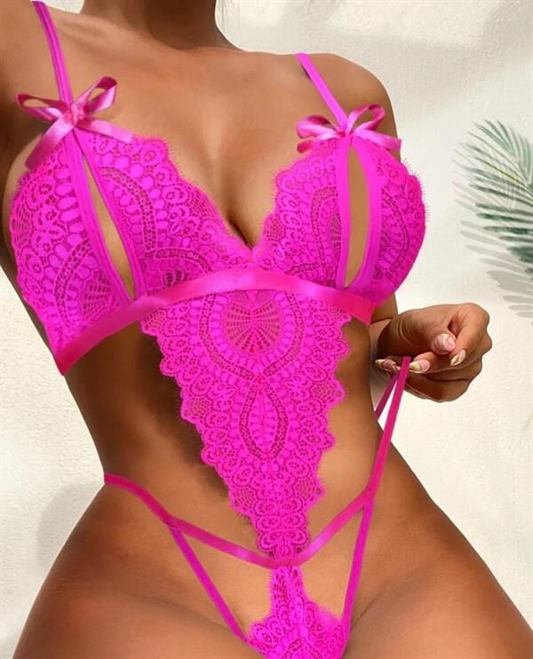 Arias Closet Fiyonklu Dantelli Fuşya Fantezi Body