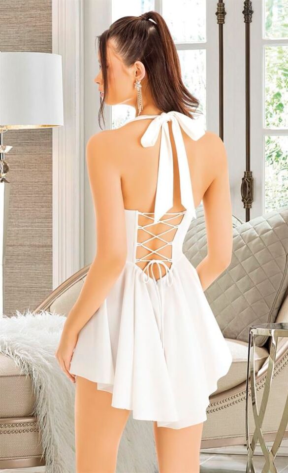 Arias Closet Özel Tasarım Sırt Dekolteli Şık Fırfırlı Beyaz Fantezi Mini Club Elbisesi