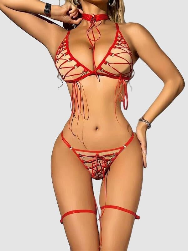 Arias Closet Özel Tasarım Kırmızı İp Detaylı Fantezi Sütyen Takımı