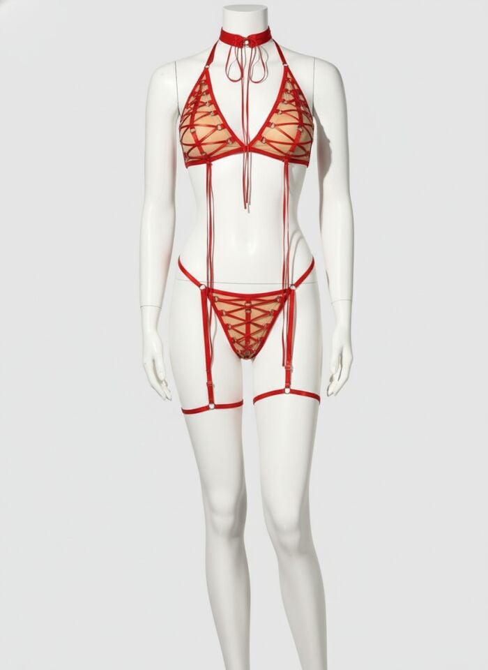 Arias Closet Özel Tasarım Kırmızı İp Detaylı Fantezi Sütyen Takımı