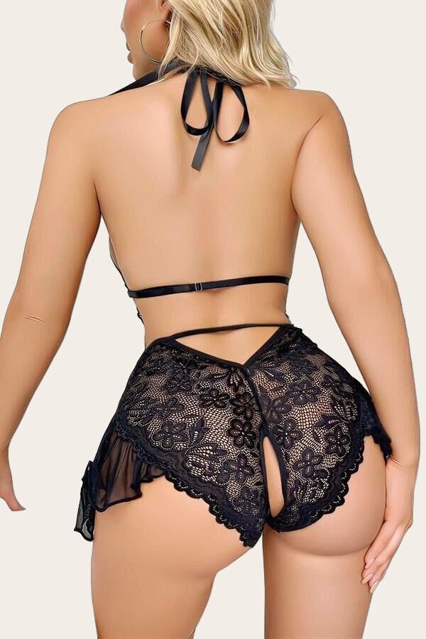 Arias Closet Siyah Dantel İşlemeli Özel Bölgesi Açık Fantezi Bodysuit