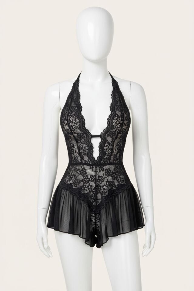 Arias Closet Siyah Dantel İşlemeli Özel Bölgesi Açık Fantezi Bodysuit