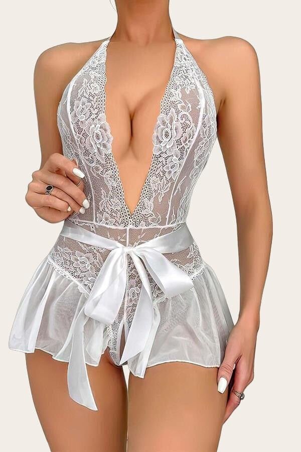 Arias Closet Beyaz Dantel İşlemeli Özel Bölgesi Açık Fantezi Kurdelalı Body