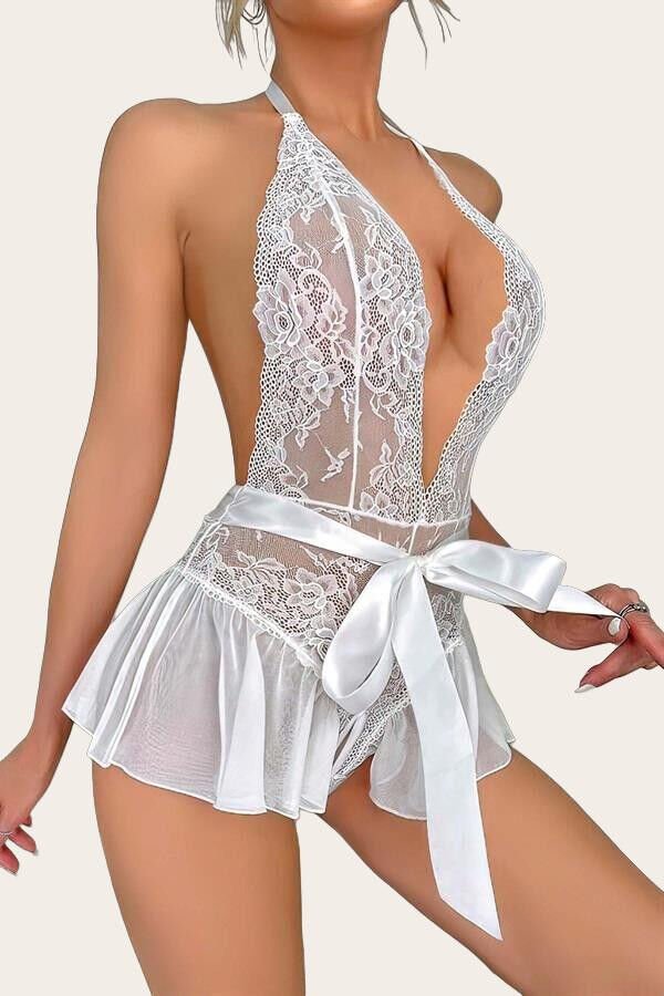 Arias Closet Beyaz Dantel İşlemeli Özel Bölgesi Açık Fantezi Kurdelalı Body